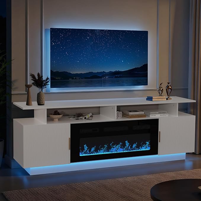 70” Fluted TV Stand with 36” Electric Fireplace, 2 Tier TV Console Cabinet with