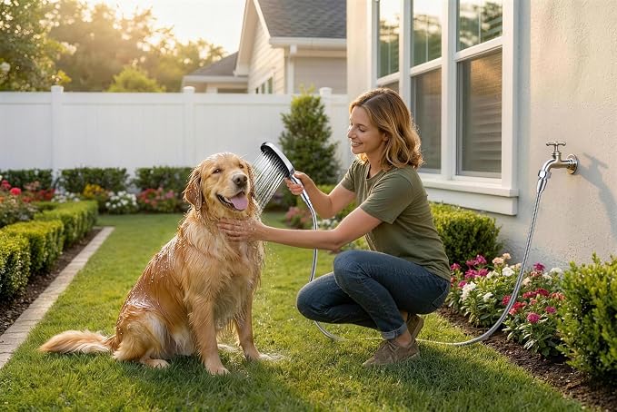 G-Promise 3 Mode Dog Wash Shower Attachment with Pause Mode for Outdoor Use | High Pressure, with Pause Mode, Built-In Brush for Wash & Groom, Extra Long Hose, Easy Install