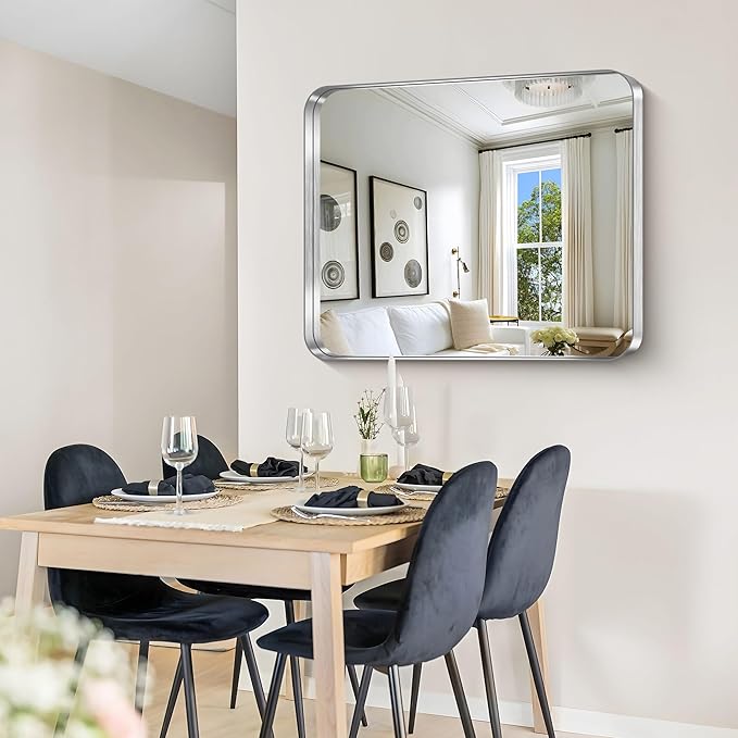 CIRCUMI Silver Bathroom Mirror, Rounded Corner, Tempered Glass, Mirror