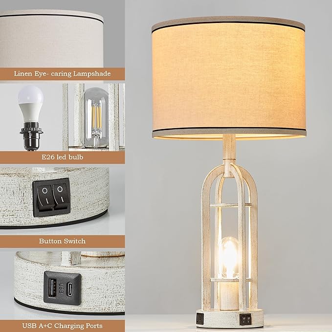 Farmhouse Table Lamps for Living Room Set of 2 - Rustic Industrial Lamps for Night Stands with Night Light & USB A+C, 24" Vintage Bedside Lamp for Bedroom, Bulbs Included