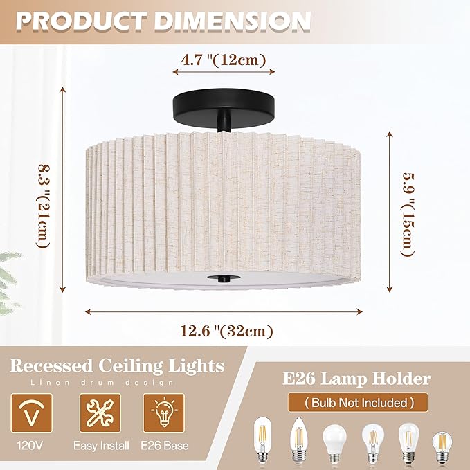 2 Light Semi Flush Mount Ceiling Light Fixture 12.6 Inch Modern Black Drum Ceiling Light Fixture with Pleated Fabric Shade Dimmable Close to Ceiling Light for Living Room Hallway Bedroom Entryway