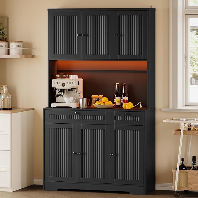 Pantry Cabinet with Charging Station and Light, Tall Kitchen Pantry Storage