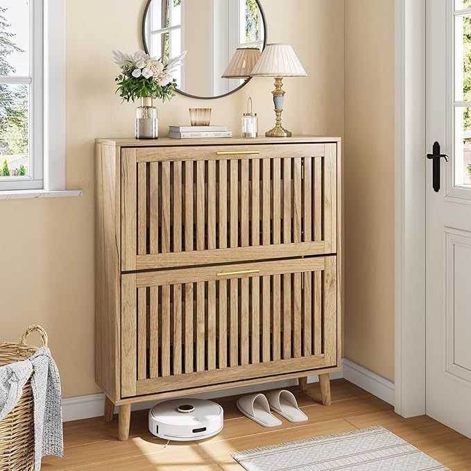 Shoe Storage Cabinet with 2 Flip Slatted Drawers, Narrow Freestanding Shoe