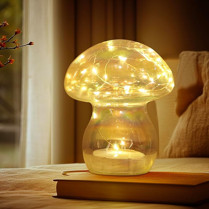 Glass Mushroom Table Lamp, 5.9" Cute LED Night Light for Home Decor, Battery Operated (3 AA), Modern Ambient Light for Living Room Bedroom Office Clear