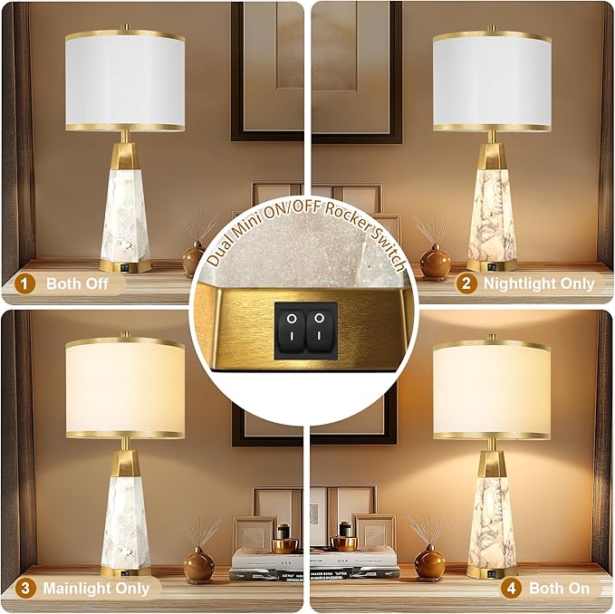 27" Natural Alabaster Table Lamps Set of 2 - Lamps for Living Room with Night Light, Bedside lamps with White Linen Shade, Nightstand Table Lamp with USB A+C Port for Bedroom Office (bulb included)
