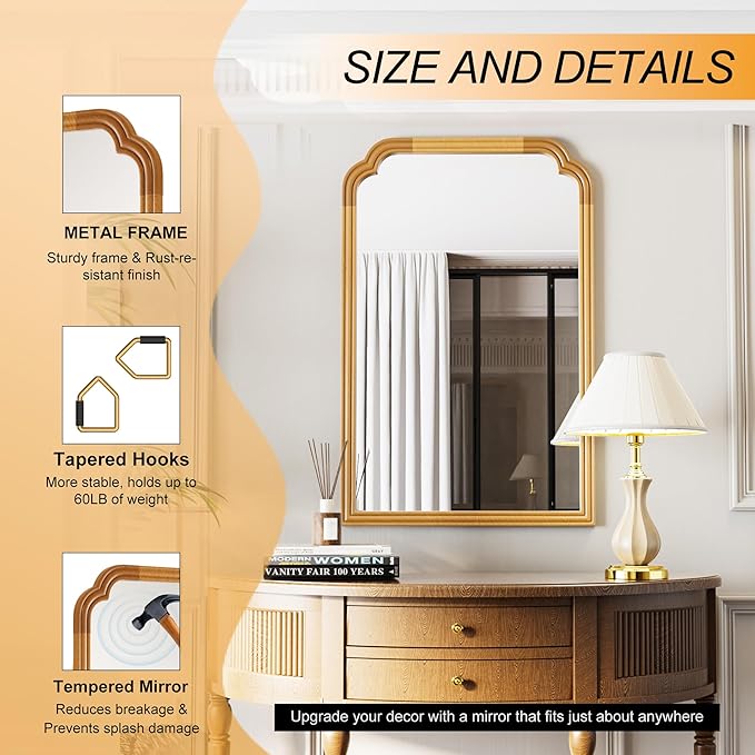 Wood Frame Wall Mirror for Bathroom, Rounded Corner Arch Rectangle Mirror for