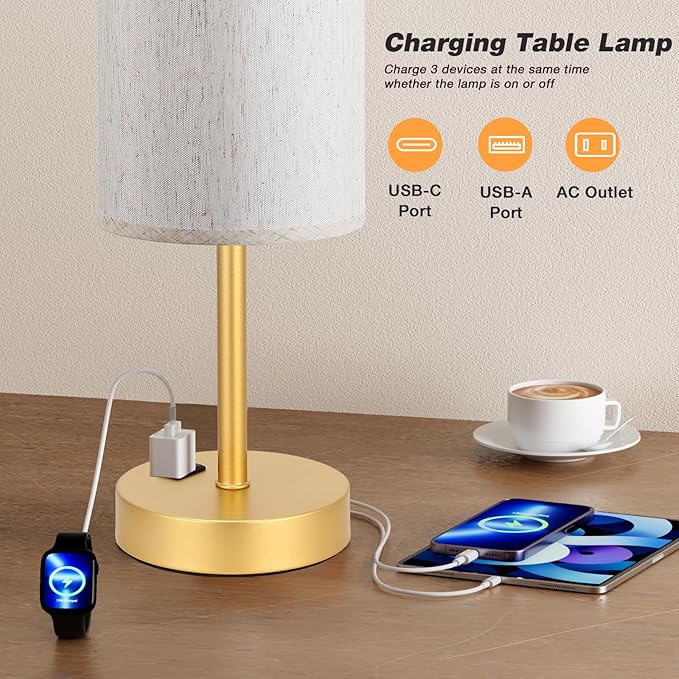 Fenmzee Touch Table Lamp - Cream, 3-Way Dimmable, USB A + C Charging, AC Outlet, 17.4inch Medium, Gold Metal Base