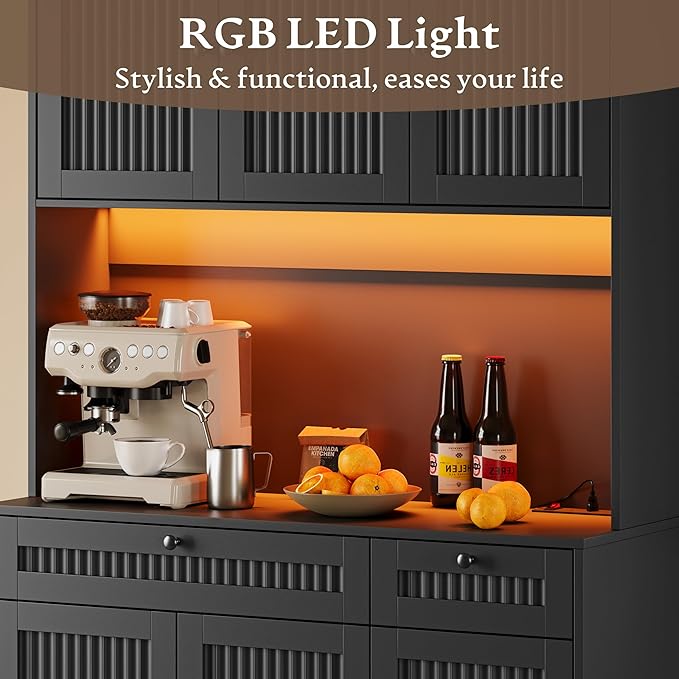 Pantry Cabinet with Charging Station and Light, Tall Kitchen Pantry Storage