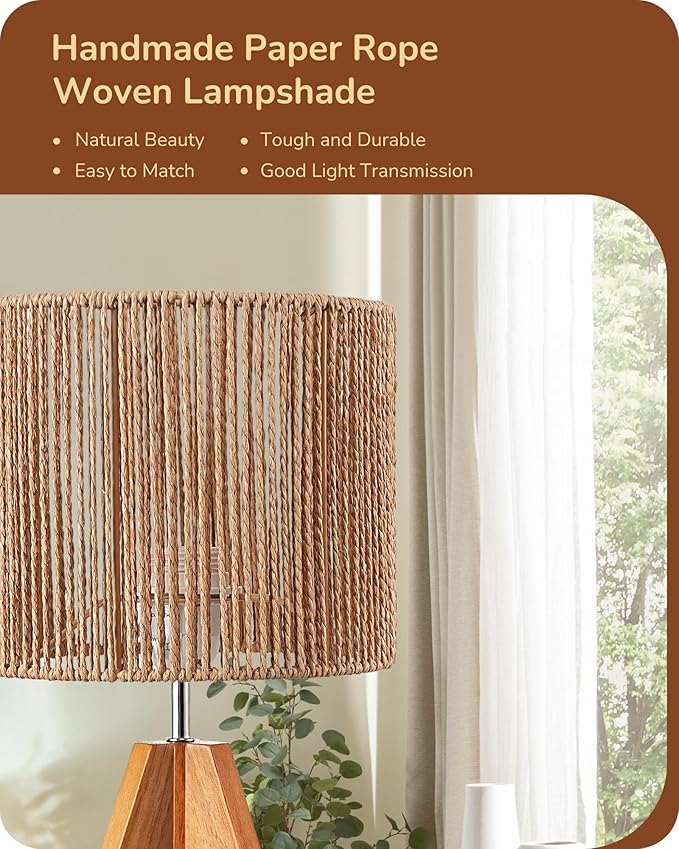 EDISHINE Small Rattan Table Lamp, Wood Tripod Bedside Lamp, Boho Nightstand Lamp for Living Room, End Table, Office, E26 Base, Natural Style