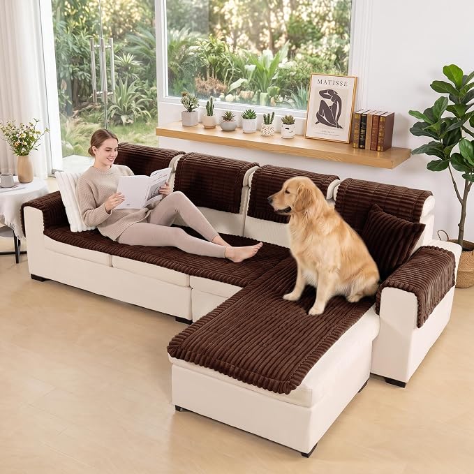 FUANGUI 2 Pack Waterproof Couch Cover for Dogs Pets Sofa Protector | Non-Slip Washable Fuzzy Soft Sofa Slipcover for 2 PCS L Shaped Sofa Pet Friendly, 27.6" x 59.1"+27.6" x 70.9", Brown