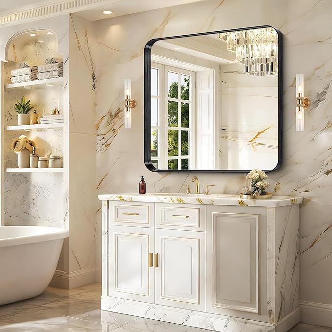 CIRCUMI Black Bathroom Mirror, Rounded Corner, Tempered Glass, Mirror