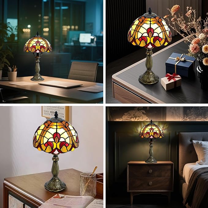 Grand 8-Inch Tiffany Style Table Lamp,Handcrafted Baroque Stained Glass Lamp with LED Bulb,Elegant Tiffany Lamps for Living Room, Office, Bedroom Decor.