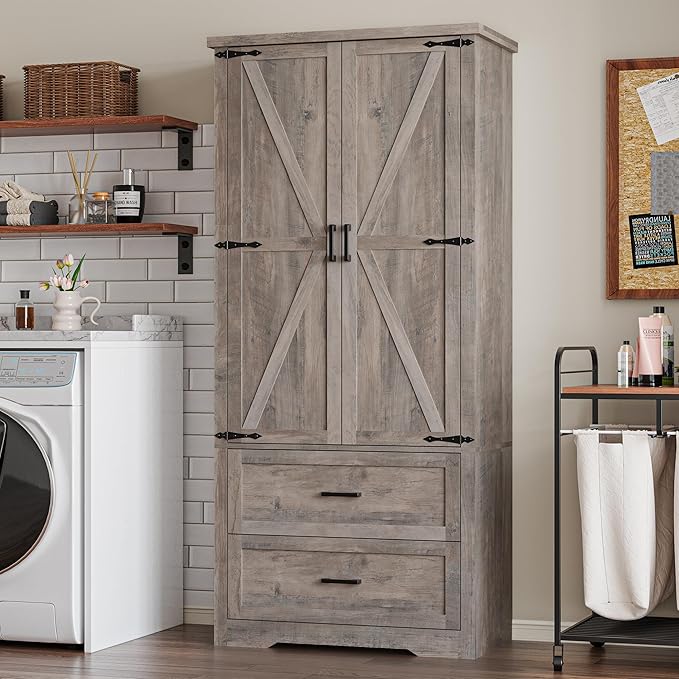Pantry Organizers and Storage Cabinet, 71” Barn Door White Kitchen Cabinet