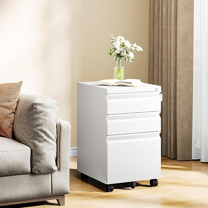 MIIIKO White Filing Cabinet 3 Drawers on Wheels Under Desk, Metal Rolling File