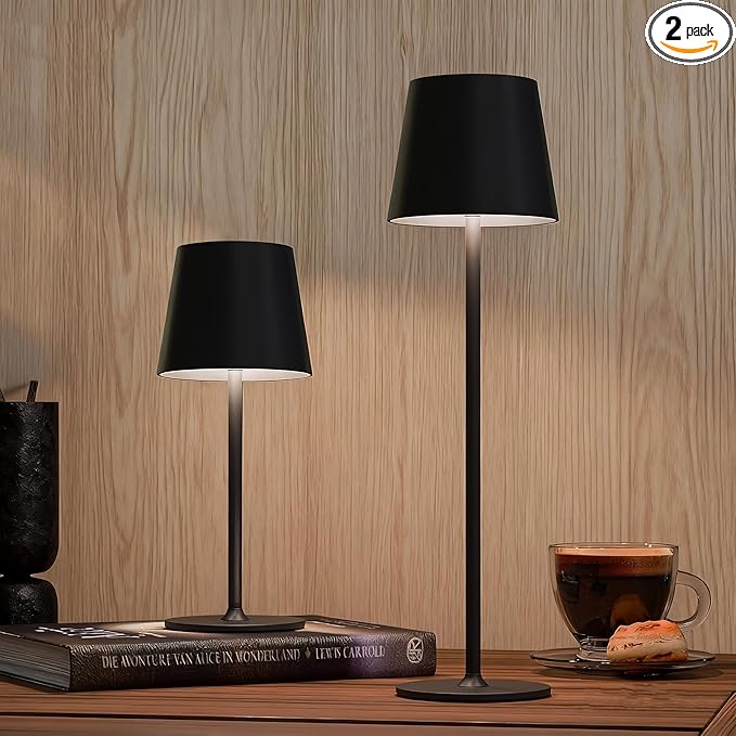 2-Pack Cordless Metal Table Lamp, 3 Adjustable Heights, 5400mAh Rechargeable Battery, 3 Colors Touch Dimming, Waterproof Portable Wireless Desk Lamp for Restaurant, Bedroom, Outdoor Patio