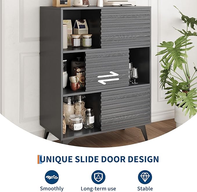 IDEALHOUSE Fluted Cabinet with Sliding Doors, Modern Wooden Storage Cabinet