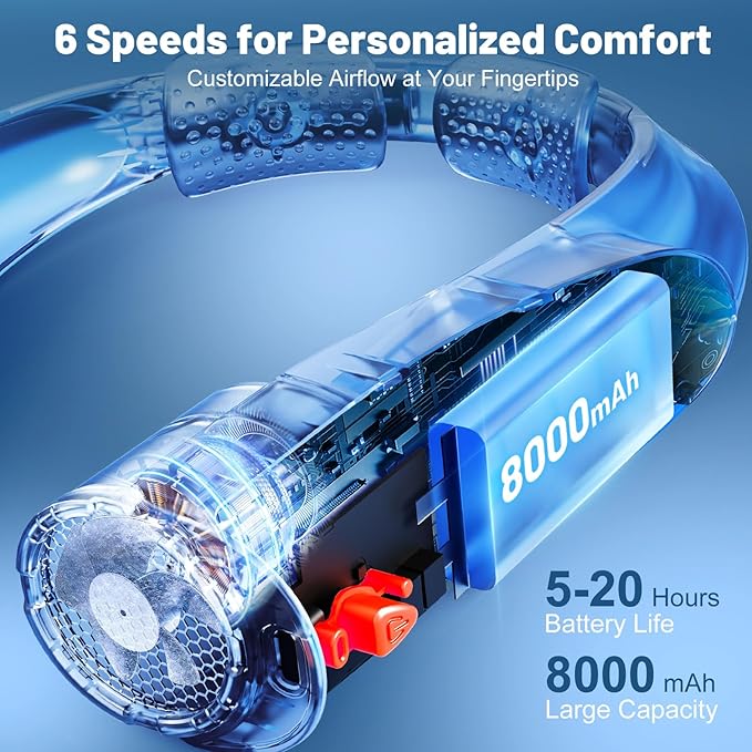 AI Portable Neck Fan with 6 Powerful Speeds, 8000mAh Battery Operated USB-C