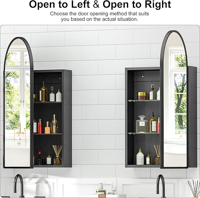 Arched Medicine Cabinet with Mirror, Brushed Black Wall Mounted Bathroom Mirror