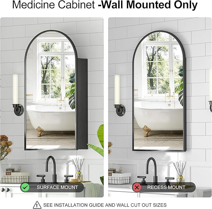 Arched Medicine Cabinet with Mirror, Brushed Black Wall Mounted Bathroom Mirror