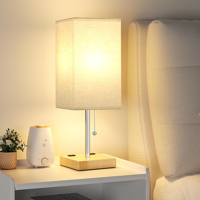 aooshine Wood Grain Small Table Lamp for Bedroom - 3 Color Temperature 3000K 5000K 4000K Bedside Lamp, Pull Chain Control, USB A and C Ports, Bulb Included