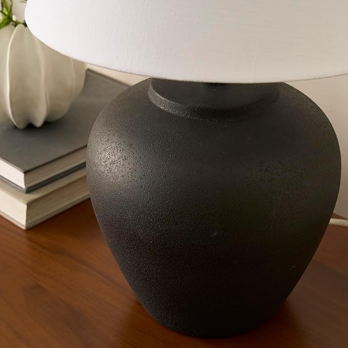 Nourison Home 20" Black Ceramic Pot Table Lamp for Bedroom, Living Room, Console, Entryway