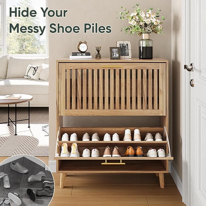 Shoe Storage Cabinet with 2 Flip Slatted Drawers, Narrow Freestanding Shoe