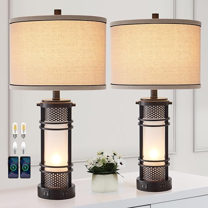 Set of 2 Modern Table Lamps for Living Room, Contemporary Nightstand Lamp with Dual USB Port, Bedside Lamps with White Frosted Glass Night Light for Bedroom, 4 Bulbs Included (Black)