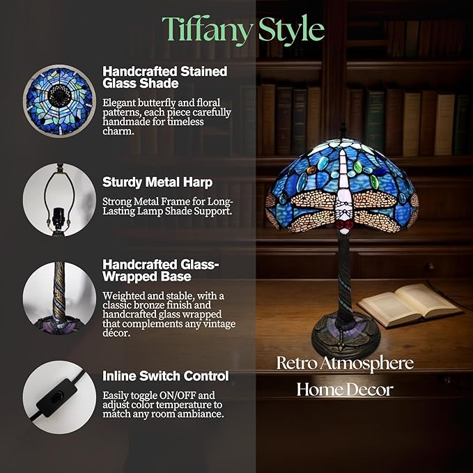 Tiffany-Style Table Lamp, 12" Blue Dragonfly Handmade Stained Glass Lamp Shade, Vintage Reading Light for Bedroom Living Room, LED Bulb Included