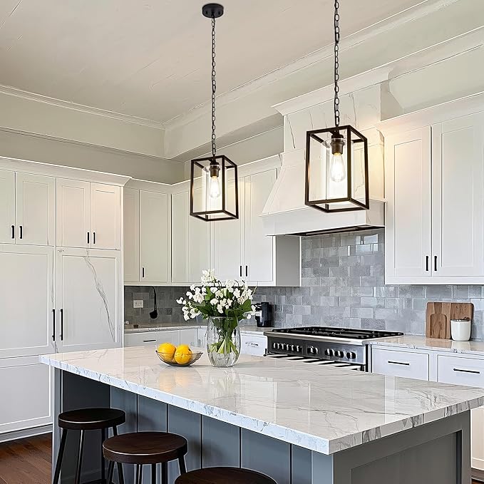 MAYNA 1-Light Farmhouse Pendant Light, Black Metal Cage Light Fixtures with Adjustable Chain and Glass Shade,Hanging Lights for Kitchen Island,Porch,Hallway