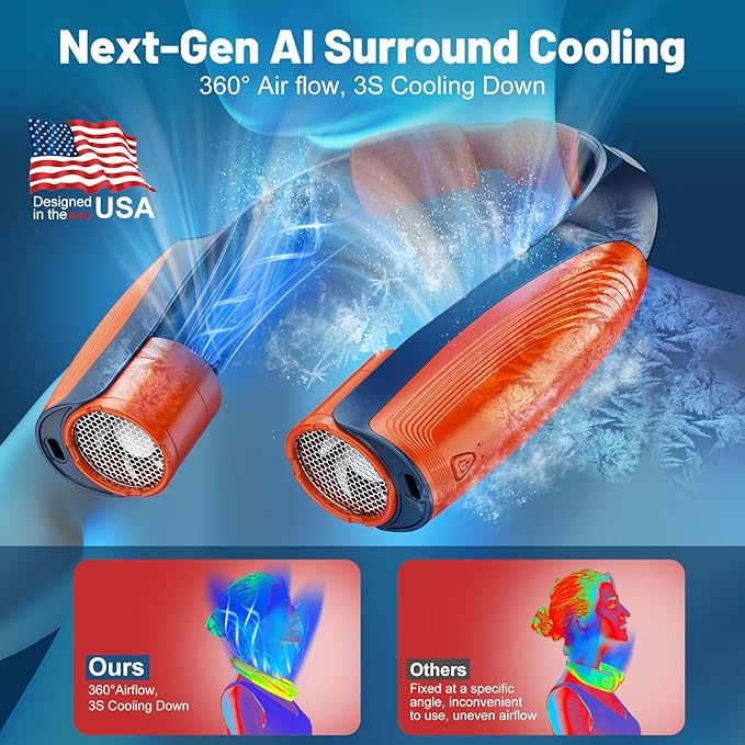 AI Portable Neck Fan with 6 Powerful Speeds, 8000mAh Battery Operated USB-C