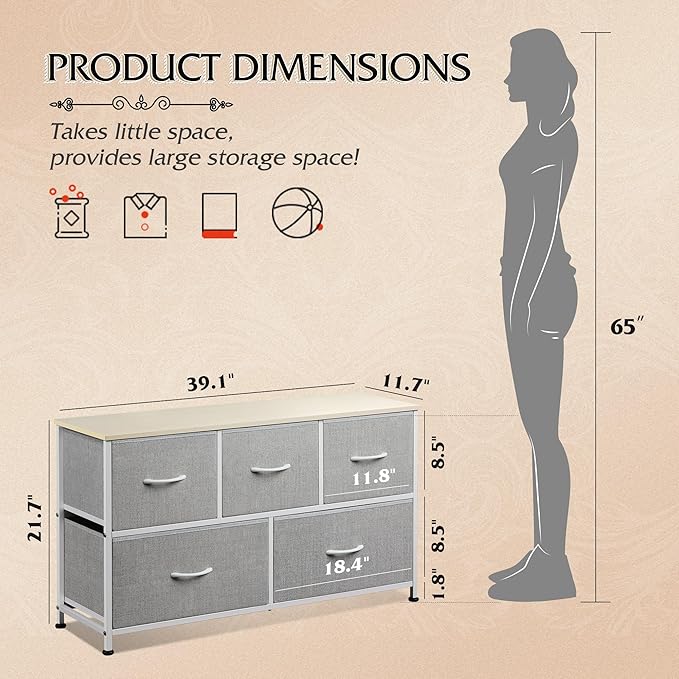 WLIVE Dresser for Bedroom with 5 Drawers, Wide Chest of Drawers, Fabric Dresser