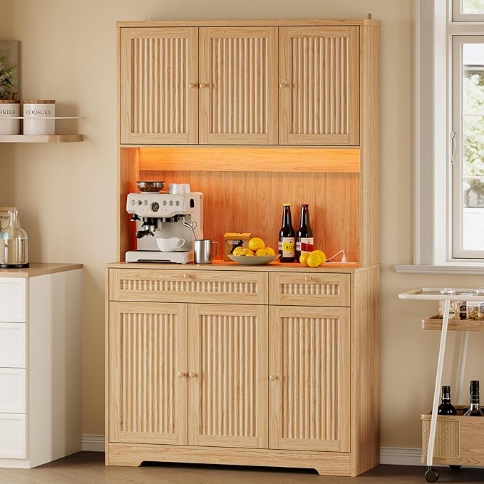 Pantry Cabinet with Charging Station and Light, Tall Kitchen Pantry Storage