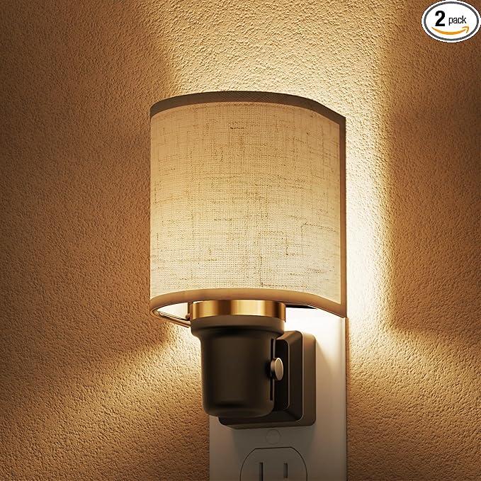 L LOHAS LED Night Lights Plug into Wall, Plug in Night Light Dimmable 100LM, Farmhouse Decorative Nightlights Plug in Wall, Light Sensor, Soft Linen Fabric Nightlight Warm for Bedroom Hallway, 2 Pack