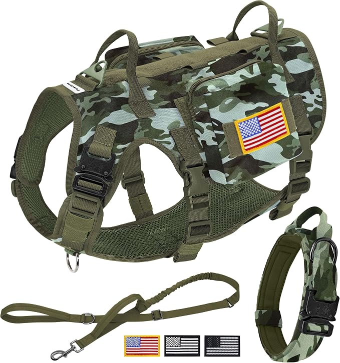 Forestpaw Tactical Dog Harness Tactical Dog Collar with Bungee Leash Set,No Pull Military Dog Harness for Walking Training,Adjustable for Medium Dogs,Camouflage Green,Chest 17-25"