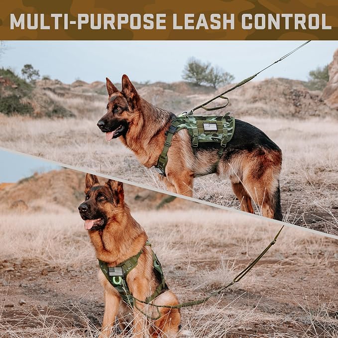 Forestpaw Tactical Dog Harness Tactical Dog Collar with Bungee Leash Set,No Pull Military Dog Harness for Walking Training,Adjustable for Medium Dogs,Camouflage Green,Chest 17-25"