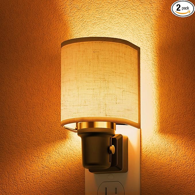 L LOHAS LED Amber Night Lights Plug into Wall, Plug in Night Light Dimmable, Farmhouse Decorative Nightlights Plug in Wall, Light Sensor, Linen Fabric Yellow Nightlight for Bedroom Hallway, 2 Pack