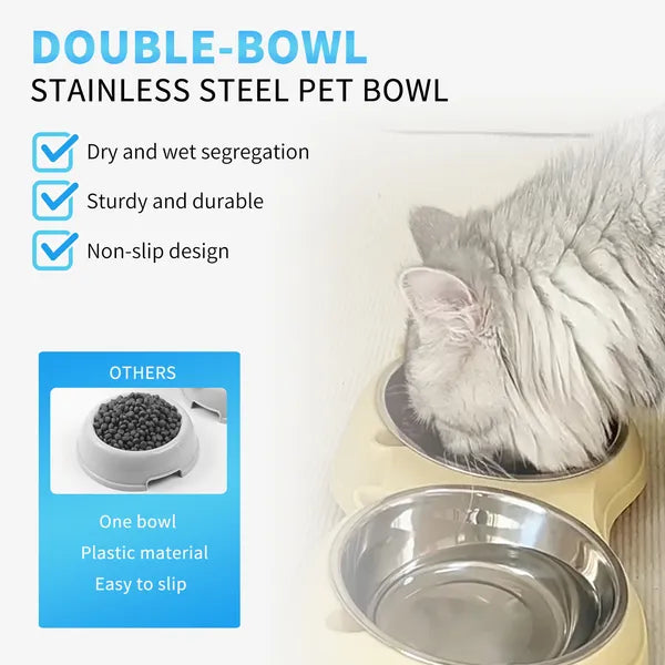 Anti Slip Base Double Cat Food Bowl, Gray Stainless Steel Food And Water Bowl, Easy To Clean And Detachable Design, Cat And Dog Pet Feeder