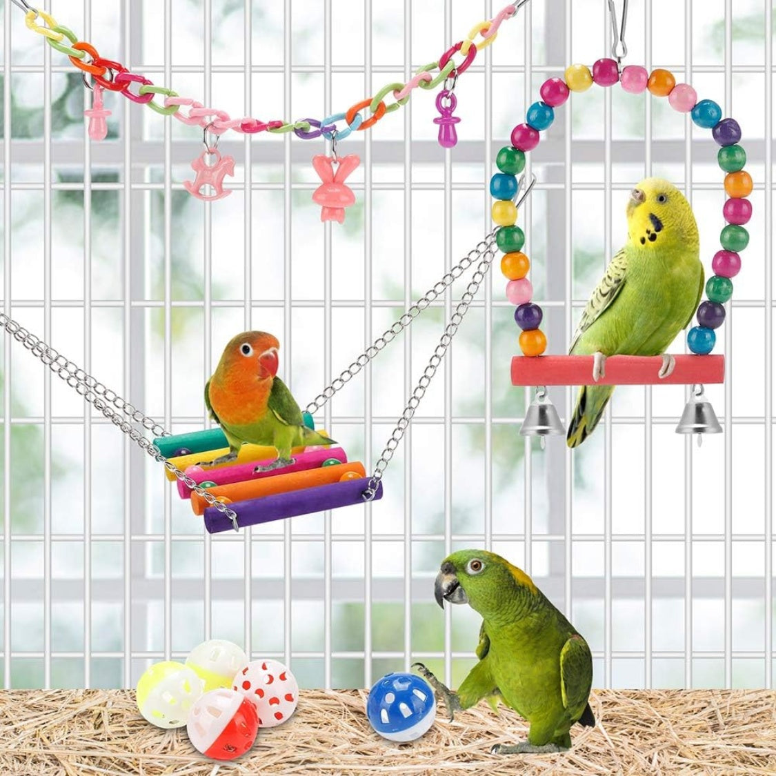 Bird Parakeet Toys Swing Hanging Standing Chewing Hammock Climbing Ladder Bird Cage Colorful Toys Suitable For Budgerigar
