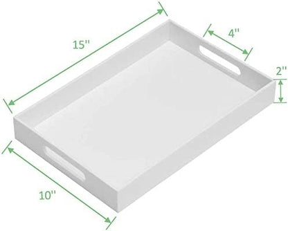 Glossy White Sturdy Acrylic Serving Tray with Handles-10x15Inch-Serving Coffee Appetizer Breakfast Butler-Kitchen Countertop-Makeup Drawer Organizer-Vanity Table Tray-Ottoman Tray