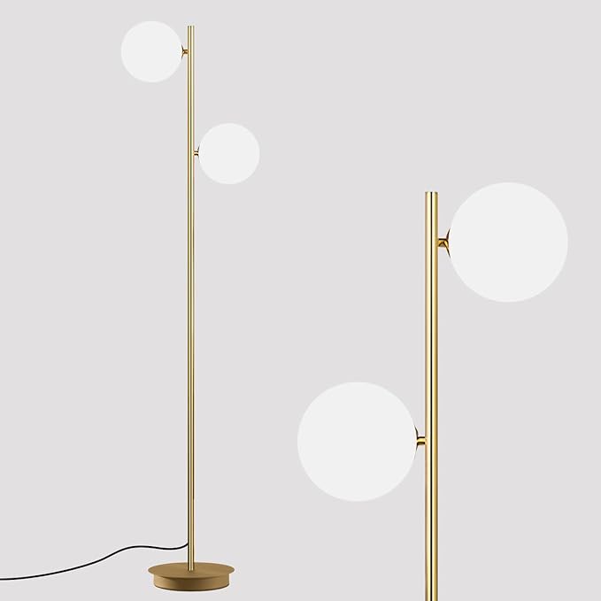 2 Light Mid Century Modern Floor Lamp for Living Room Retro Vintage Tall Standing Lamp with Frosted Glass Globe Shade Brass Floor Lamps for Office Hotel Bedroom