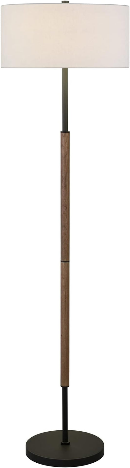 Henn&Hart 2-Light Floor Lamp with Fabric Shade in Blackened Bronze/Rustic Oak/White, Floor Lamp for Home Office, Bedroom, Living Room, 61" Tall