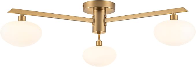 Semi Flush Mount Ceiling Light Fixture, Mid Century Modern 3-Light 22.5" Lighting Fixtures Ceiling, Matte Gold Ceiling Lights for Bedroom, Entryway, Hallway, Bathroom, Kitchen, Dining Room