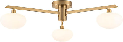 Semi Flush Mount Ceiling Light Fixture, Mid Century Modern 3-Light 22.5" Lighting Fixtures Ceiling, Matte Gold Ceiling Lights for Bedroom, Entryway, Hallway, Bathroom, Kitchen, Dining Room
