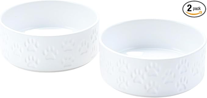SPUNKYJUNKY Ceramic Dog Bowls 2 Pack, 7.3'' Dog Food Water Double Feeding Bowls Non-Slip for Medium to Large Sized Breed Microwave Dishwasher Safe - 42 OZ, 2pcs, Paw White