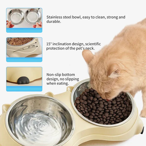 Anti Slip Base Double Cat Food Bowl, Yellow Stainless Steel Food And Water Bowl, Easy To Clean And Detachable Design, Cat And Dog Pet Feeder