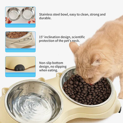 Anti Slip Base Double Cat Food Bowl, Yellow Stainless Steel Food And Water Bowl, Easy To Clean And Detachable Design, Cat And Dog Pet Feeder