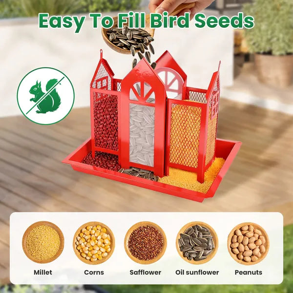 Metal Hanging Bird Feeder House Classic Barn Bird Feeder House Iron Hanging Outdoor Feeder With Visible Window And Lift Top Lid 15.75in Hanging Length Wild Birds Garden Yard Red&White