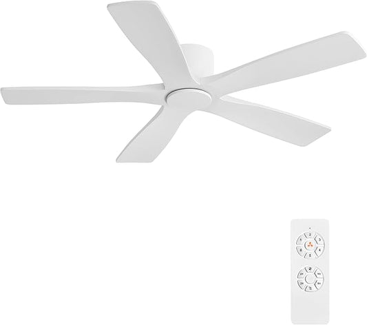 WINGBO 54" Flush Mount DC Ceiling Fans Without Lights, 5 Carved Solid Wood