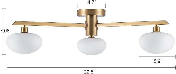 Semi Flush Mount Ceiling Light Fixture, Mid Century Modern 3-Light 22.5" Lighting Fixtures Ceiling, Matte Gold Ceiling Lights for Bedroom, Entryway, Hallway, Bathroom, Kitchen, Dining Room