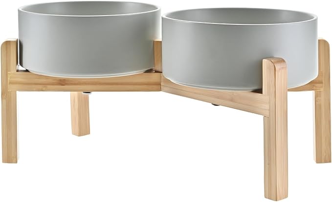 SPUNKYJUNKY Elevated Dog Bowls Ceramic, 7.3'' Dogs Food Water Bowls Raised with Non-Slip Bamboo Stand for Medium to Large Sized Breed Microwave Dishwasher Safe - 42 OZ,Grey